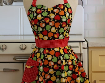 Vintage Inspired Apples on Black Full Apron - BELLA