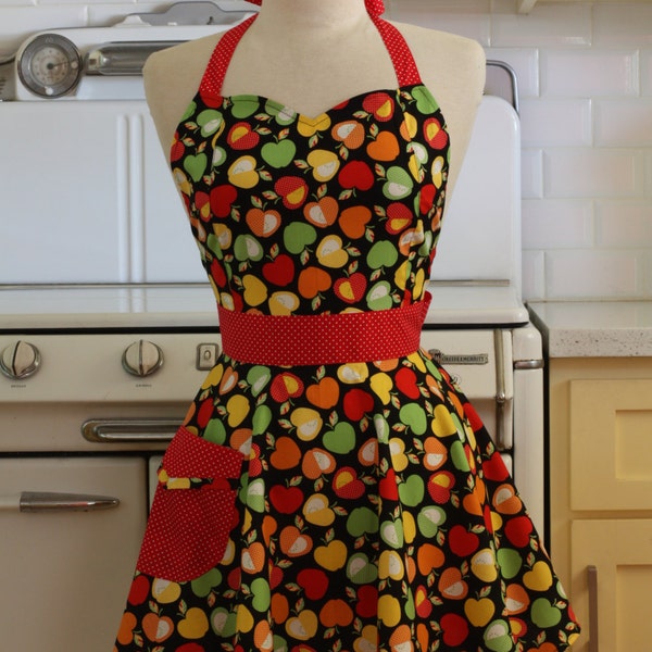 Vintage Inspired Apples on Black Full Apron - BELLA