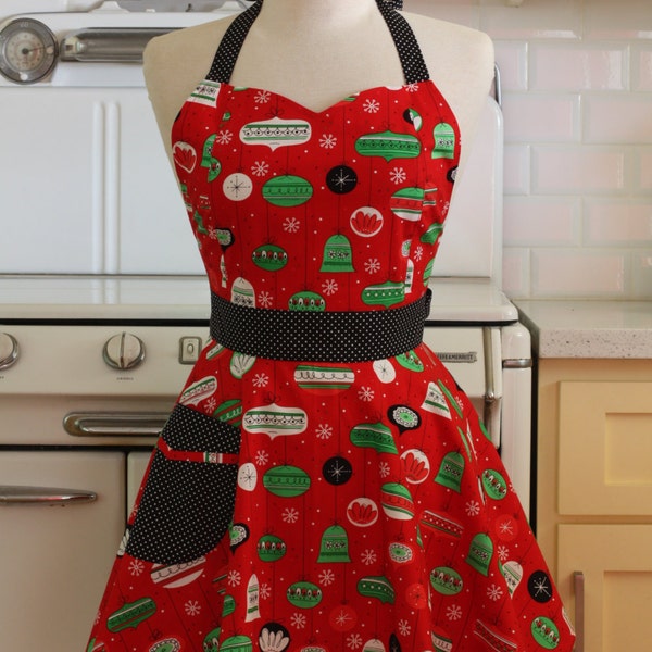 Retro Full Apron Christmas Ornaments on Red BELLA Sweetheart Neckline