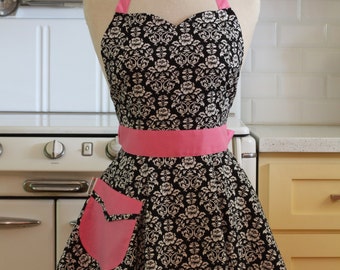 The BELLA Vintage Inspired Black and White Floral Damask with Pink Full Apron