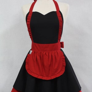 Apron French Maid Solid Black with Red Double Circle Skirt Retro Full Apron