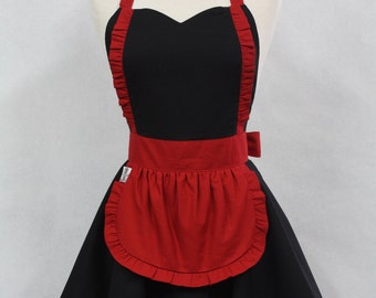 Apron French Maid Solid Black with Red Double Circle Skirt Retro Full Apron