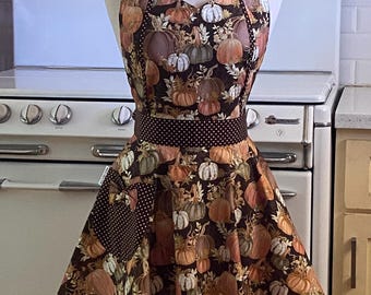 Retro Apron - Pumpkins on Brown-  MAGGIE