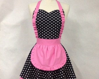 French Maid Apron Polka Dot with Hot Pink