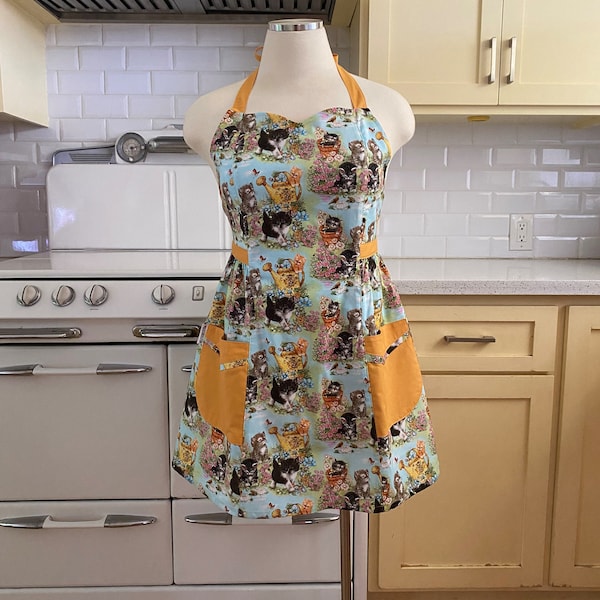 Retro Apron Plus Size - Retro Kittens Cat on Blue - BETTY Sweetheart Neckline