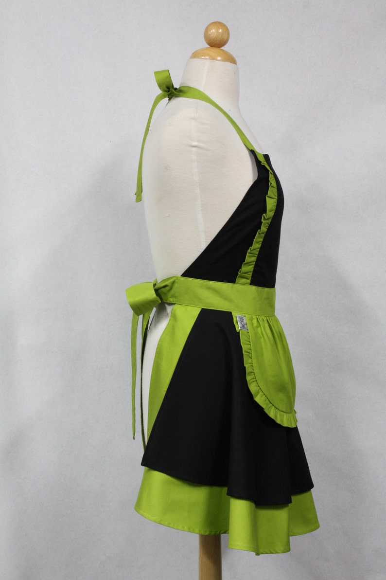 Apron French Maid Solid Black with Lime Green Double Circle Skirt Retro Full Apron image 2