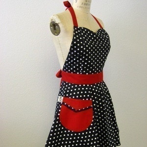 The BELLA Vintage Inspired Black and White Polka Dot with Red Full Apron image 3