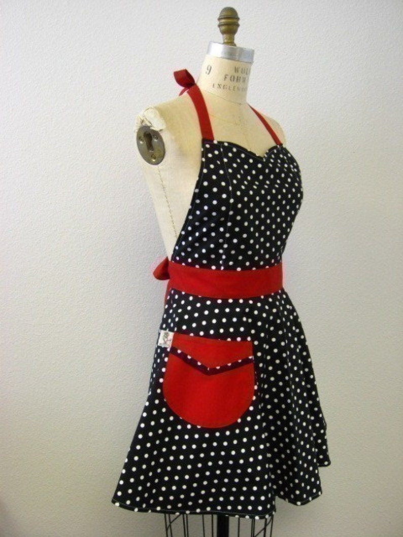 The BELLA Vintage Inspired Black and White Polka Dot with Red Full Apron image 3