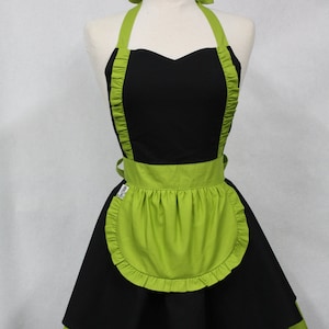 Apron French Maid Solid Black with Lime Green Double Circle Skirt Retro Full Apron image 1