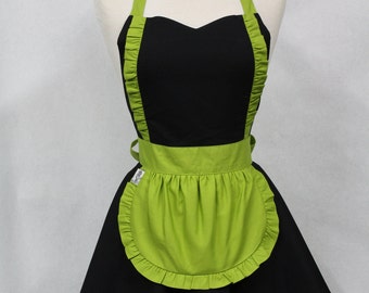 Apron French Maid Solid Black with Lime Green Double Circle Skirt Retro Full Apron