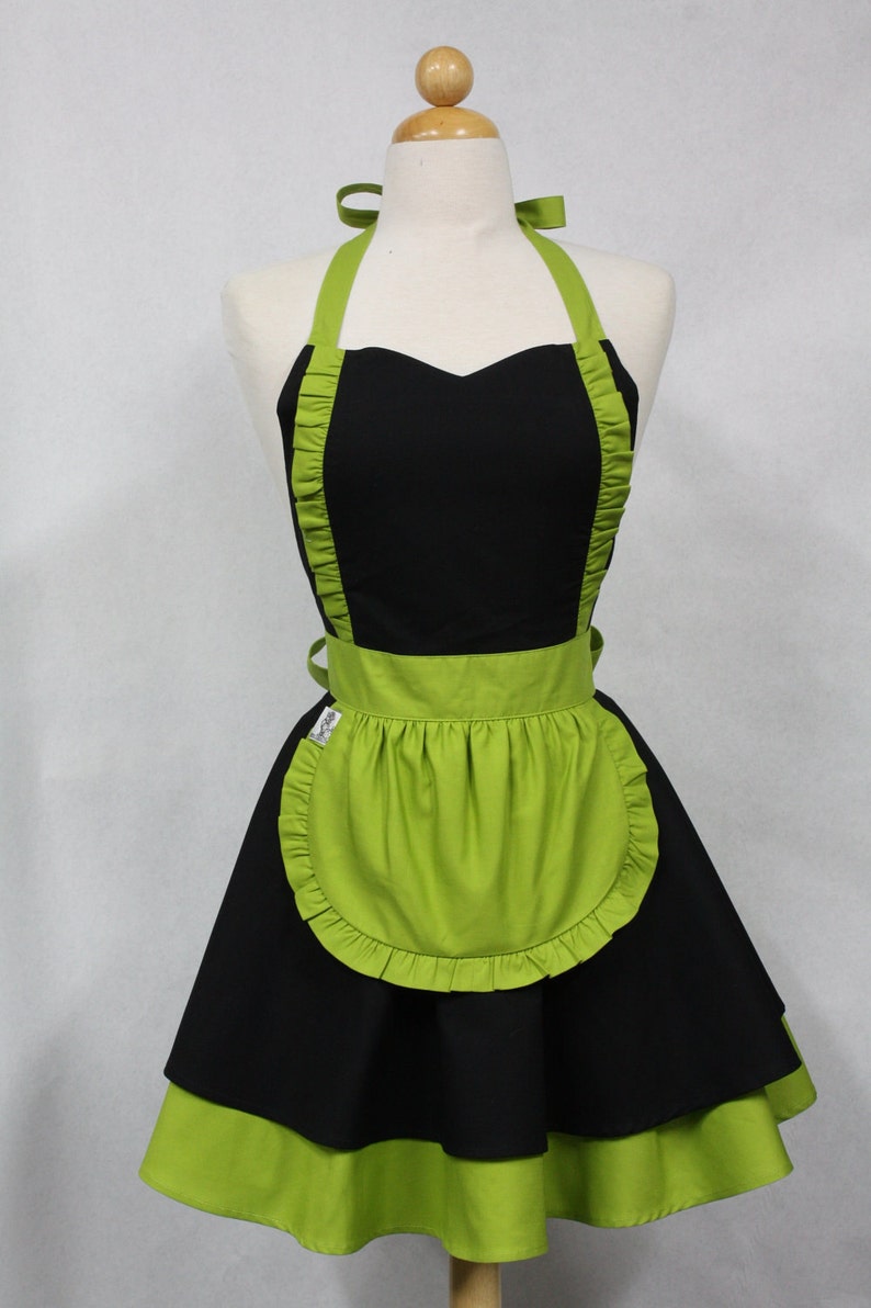 Apron French Maid Solid Black with Lime Green Double Circle Skirt Retro Full Apron image 1