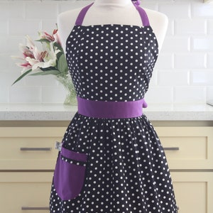 Apron Retro Polka Dot Black and White with Purple CHLOE