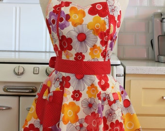 Retro Apron Bright Flowers on White MAGGIE