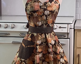 The MAGGIE - Pumpkins on Brown - Retro Inspired Full Apron