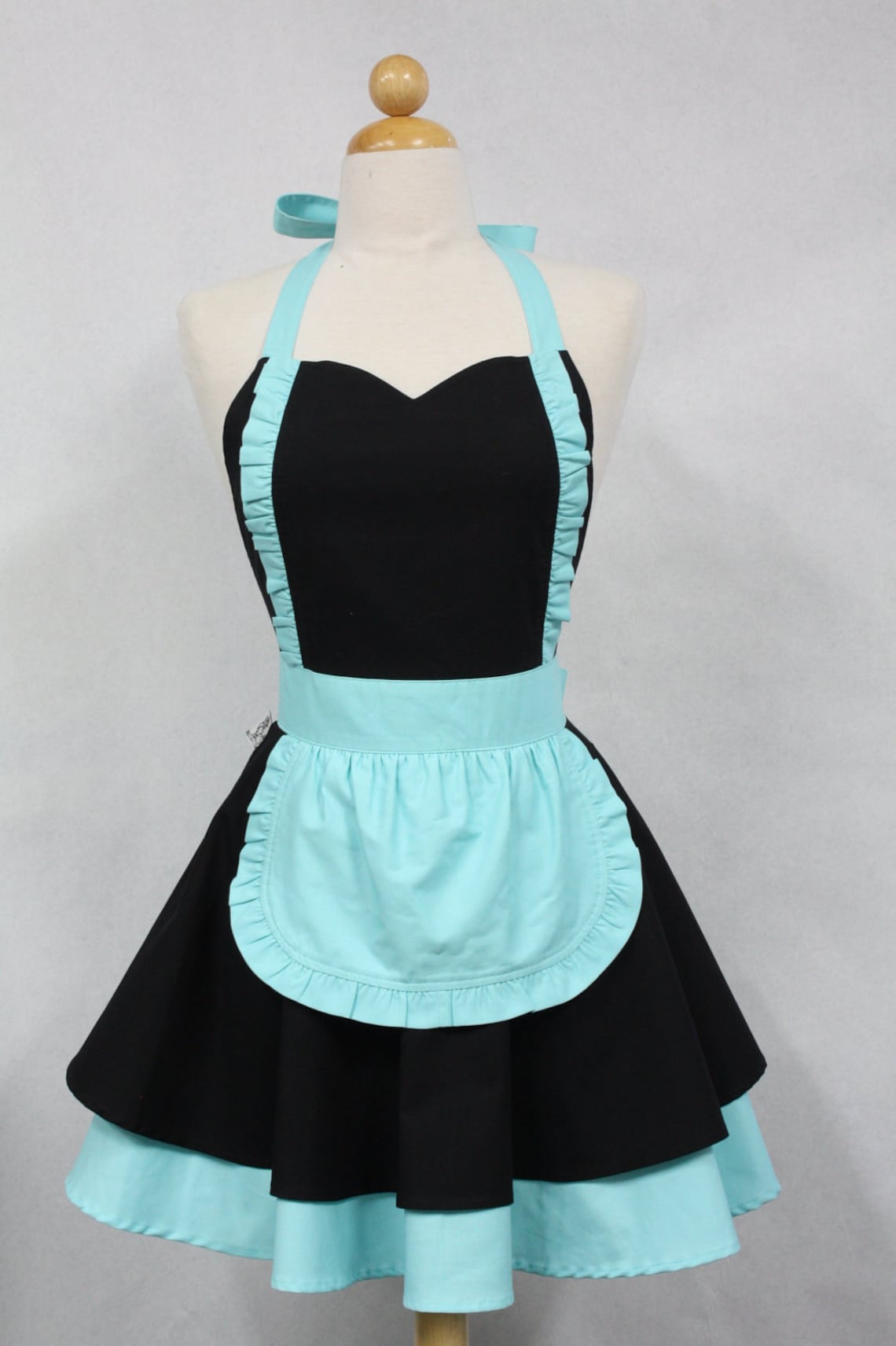 Apron French Maid Solid Black With Aqua Double Circle Skirt Etsy
