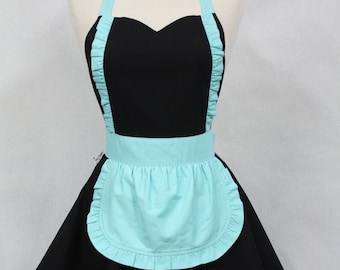 Apron French Maid Solid Black with Aqua Double Circle Skirt Retro Full Apron