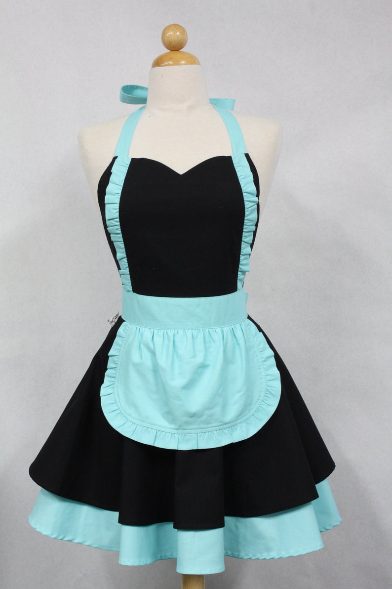 Apron French Maid Solid Black with Aqua Double Circle Skirt Retro Full Apron image 1