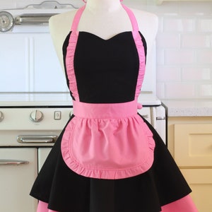 Apron French Maid Solid Black with Hot Pink Double Circle Skirt Retro Full Apron
