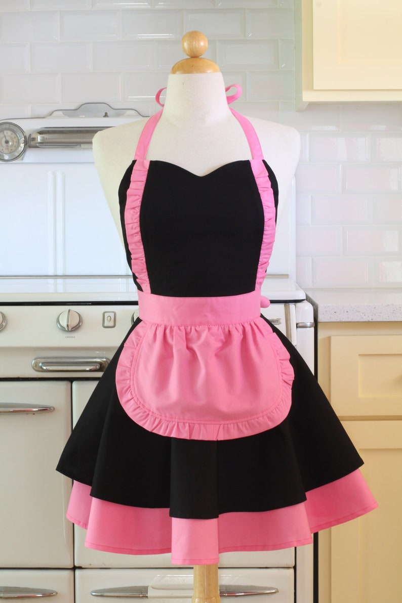 Apron French Maid Solid Black With Hot Pink Double Circle Etsy