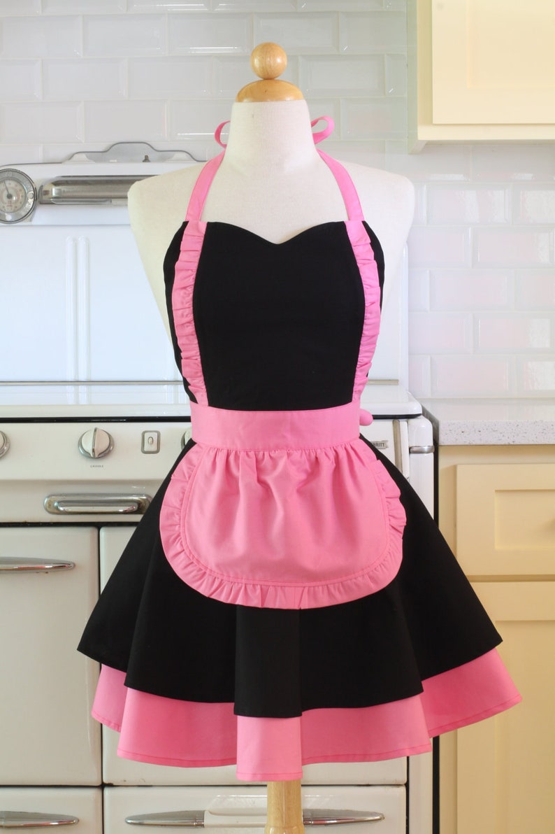 Apron French Maid Solid Black with Hot Pink Double Circle Skirt Retro Full Apron image 1