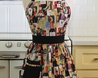 Retro Apron Bottles of Wine on Black - CHLOE