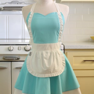 Apron French Maid Solid Aqua with White Double Circle Skirt Retro Full Apron