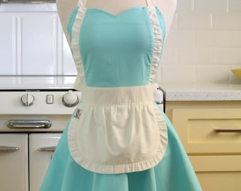 Apron French Maid Solid Aqua with White Double Circle Skirt Retro Full Apron