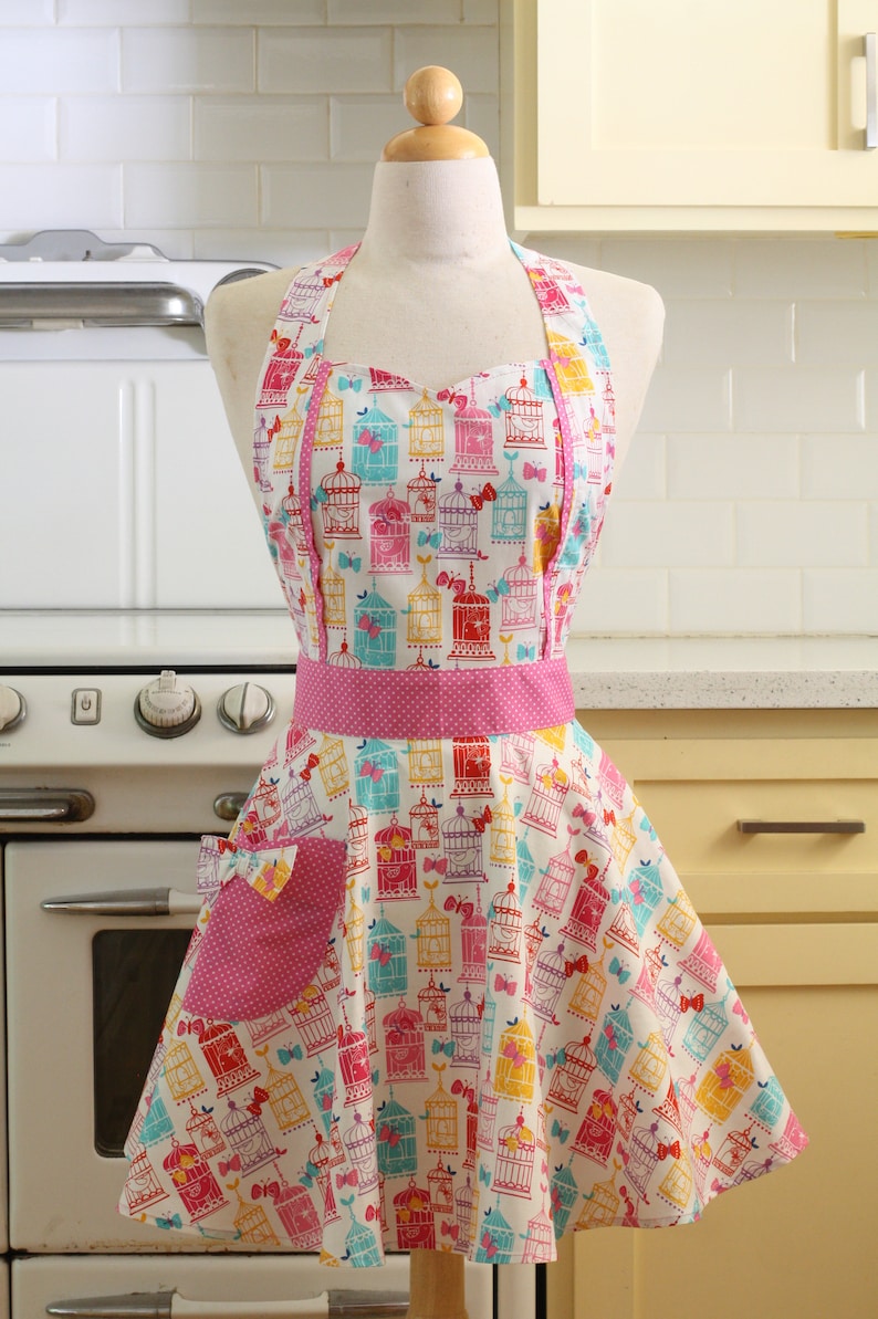 Retro Apron Colorful Bird Cages MAGGIE Etsy