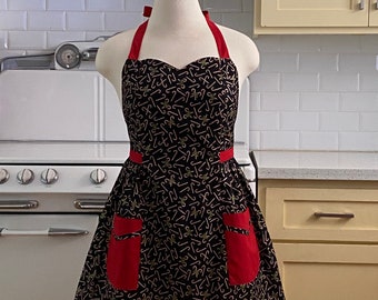 Retro Apron Plus Size - Christmas Candy Canes on Black - BETTY Sweetheart Neckline