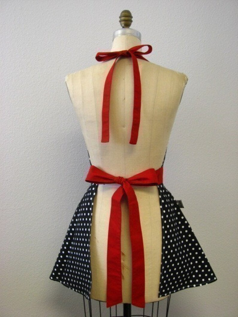 The BELLA Vintage Inspired Black and White Polka Dot with Red Full Apron image 4