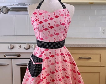 Retro Full Apron Sweetheart Neckline Retro Flamingos on Pink BELLA