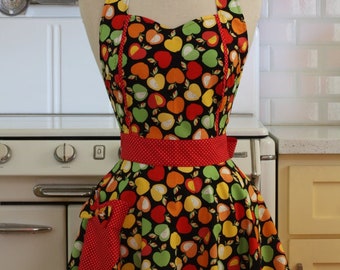 The MAGGIE Vintage Inspired Colorful Apples on Black Full Apron