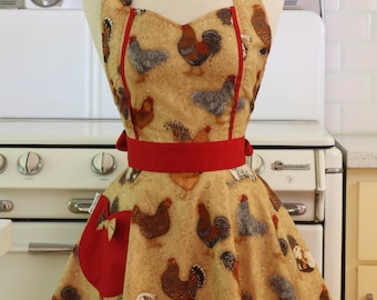 The MAGGIE Vintage Inspired Chickens Roosters Full Apron