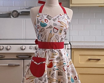 Retro Sweetheart Apron - Cooking and Baking Utensils on White - BELLA