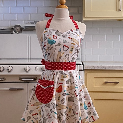 Delantal Retro Sweetheart - Utensilios para cocinar y hornear en blanco - BELLA