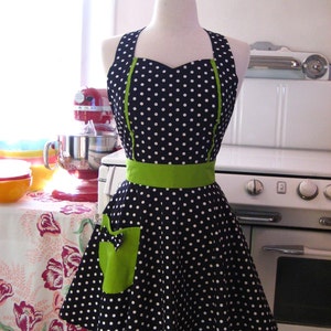 Retro Apron Black and White Polka Dot with Lime Green MAGGIE
