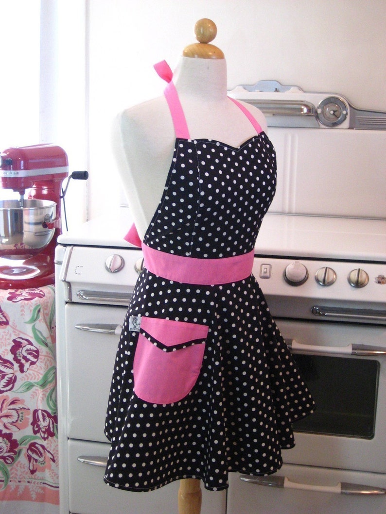 Retro Apron Polka Dot Black White Hot Pink BELLA image 3