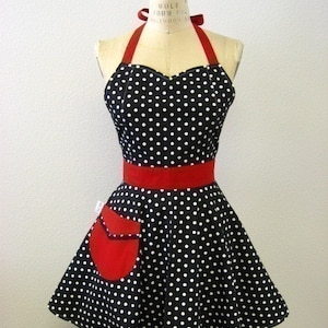 The BELLA Vintage Inspired Black and White Polka Dot with Red Full Apron image 1