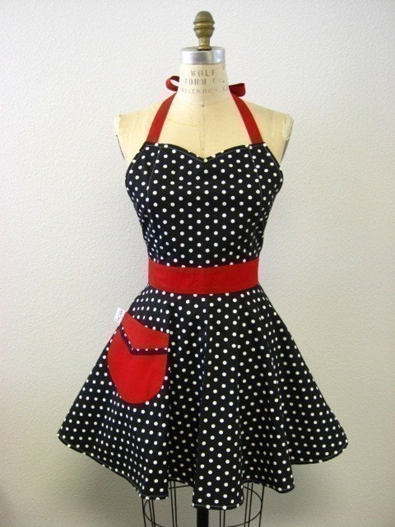 The BELLA Vintage Inspired Black and White Polka Dot with Red Full Apron image 1