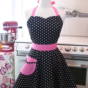 Retro Apron Polka Dot Black White Hot Pink BELLA image 1