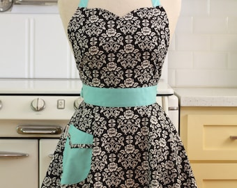 The BELLA Vintage Inspired Black and White Floral Damask with Aqua Full Apron