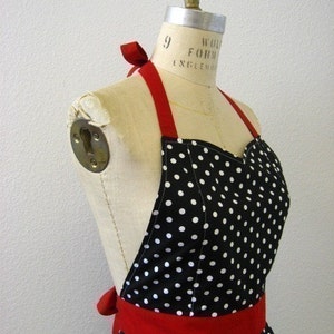 The BELLA Vintage Inspired Black and White Polka Dot with Red Full Apron image 2