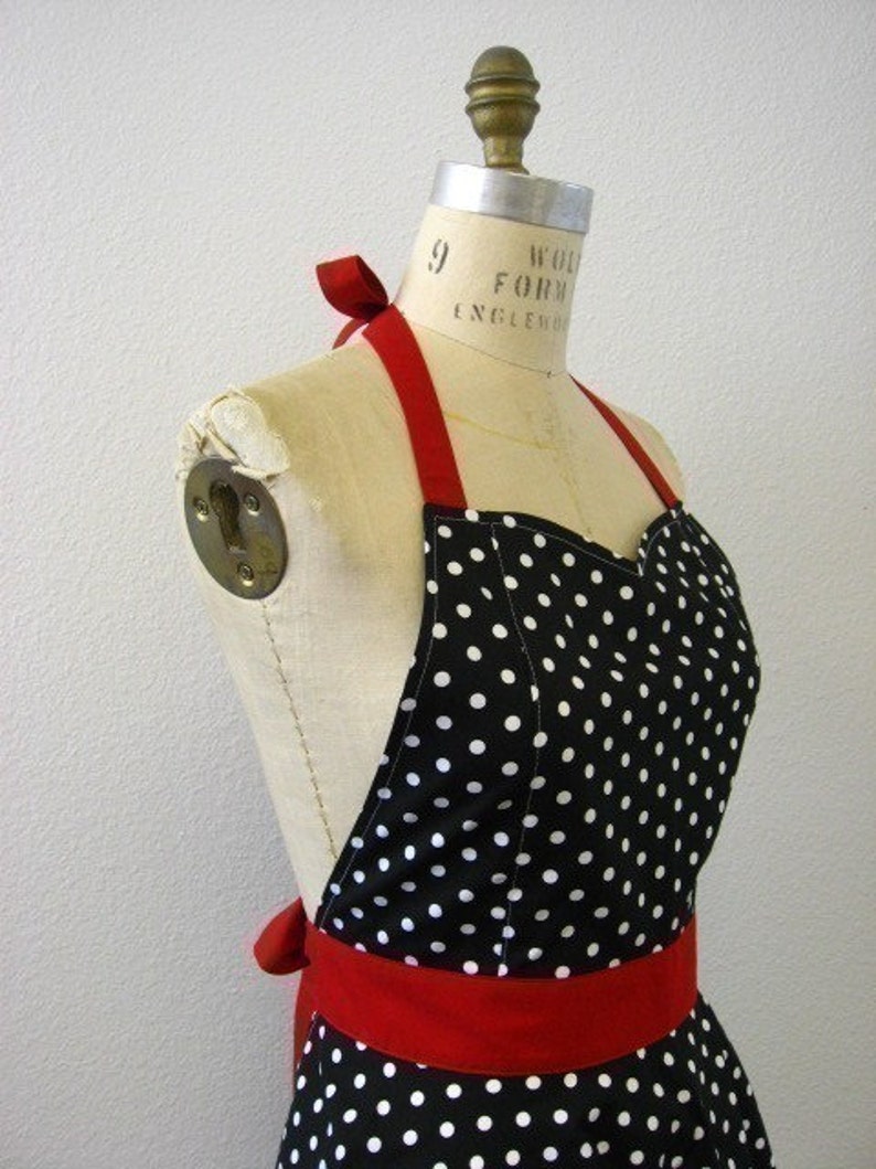 The BELLA Vintage Inspired Black and White Polka Dot with Red Full Apron image 2