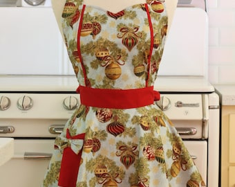 Apron Christmas Ornaments on Light Blue MAGGIE Retro Full Apron