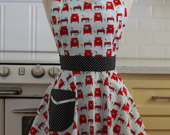 Retro Full Apron Sweetheart Neckline -Red Chairs - BELLA