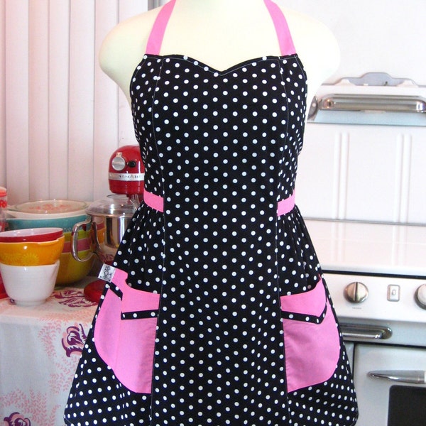 Retro Apron Plus Size Sweetheart Neckline Black and White Polka Dot with Pink BETTY