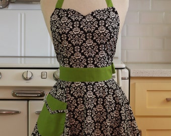 The BELLA Vintage Inspired Black and White Floral Damask with Lime Green Full Apron