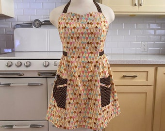 Retro Apron Plus Size Sweetheart Neckline - Ice cream Cones on Yellow - BETTY