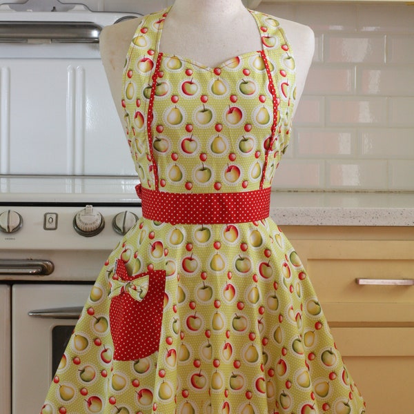 The MAGGIE Vintage Inspired Apples and Pears on Greenish Yellow Full Apron