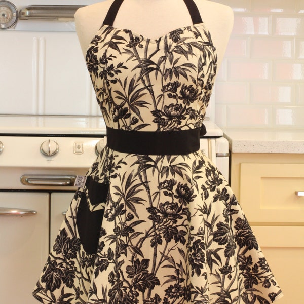 Sweetheart Retro Apron Black Flowers on Cream BELLA